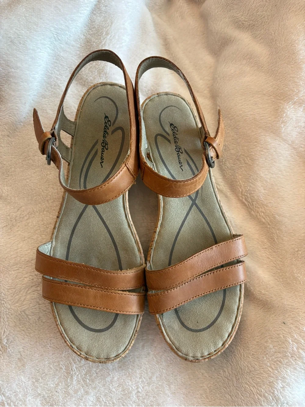 Eddie Bauer Brown Cork Wedge Sandals with Buckle Straps Beach Coastal